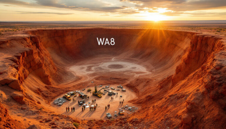 Warriedar Resources Ltd-WA8-A large desert crater at sunset with vehicles and people gathered at the bottom labeled "WA8".