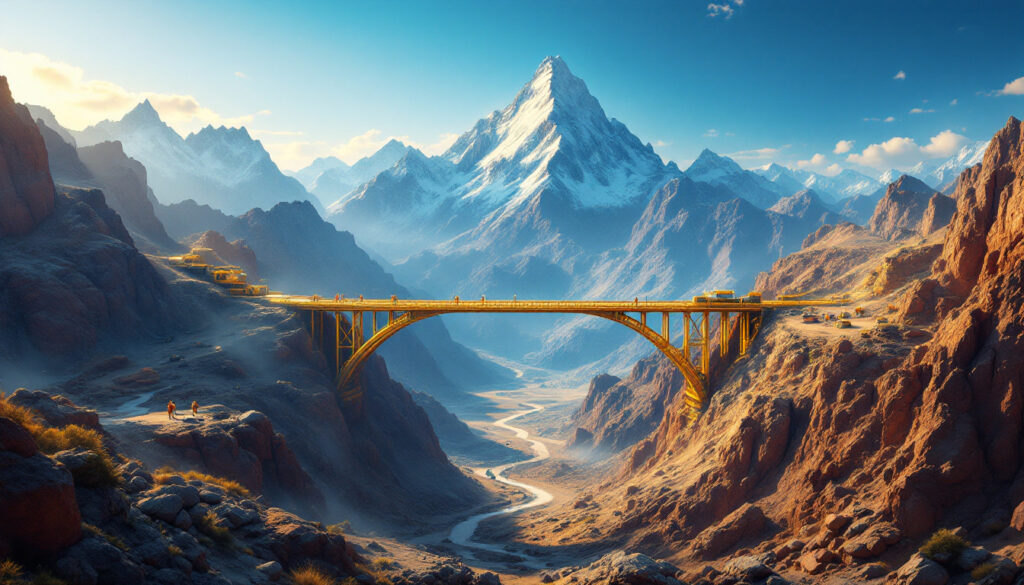 Scenic mountain view with golden bridge.