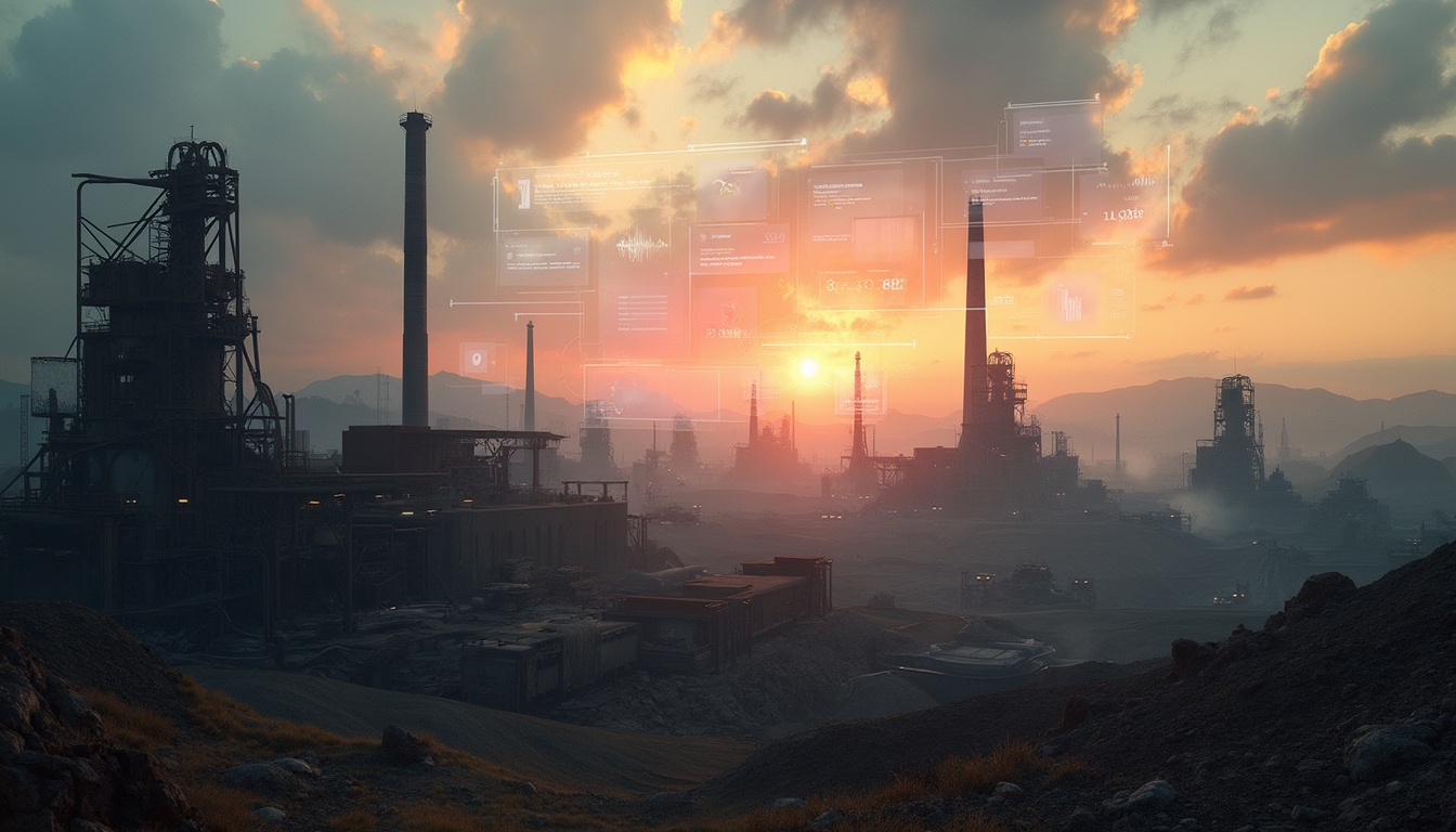 Industrial landscape at sunset, digital overlay.