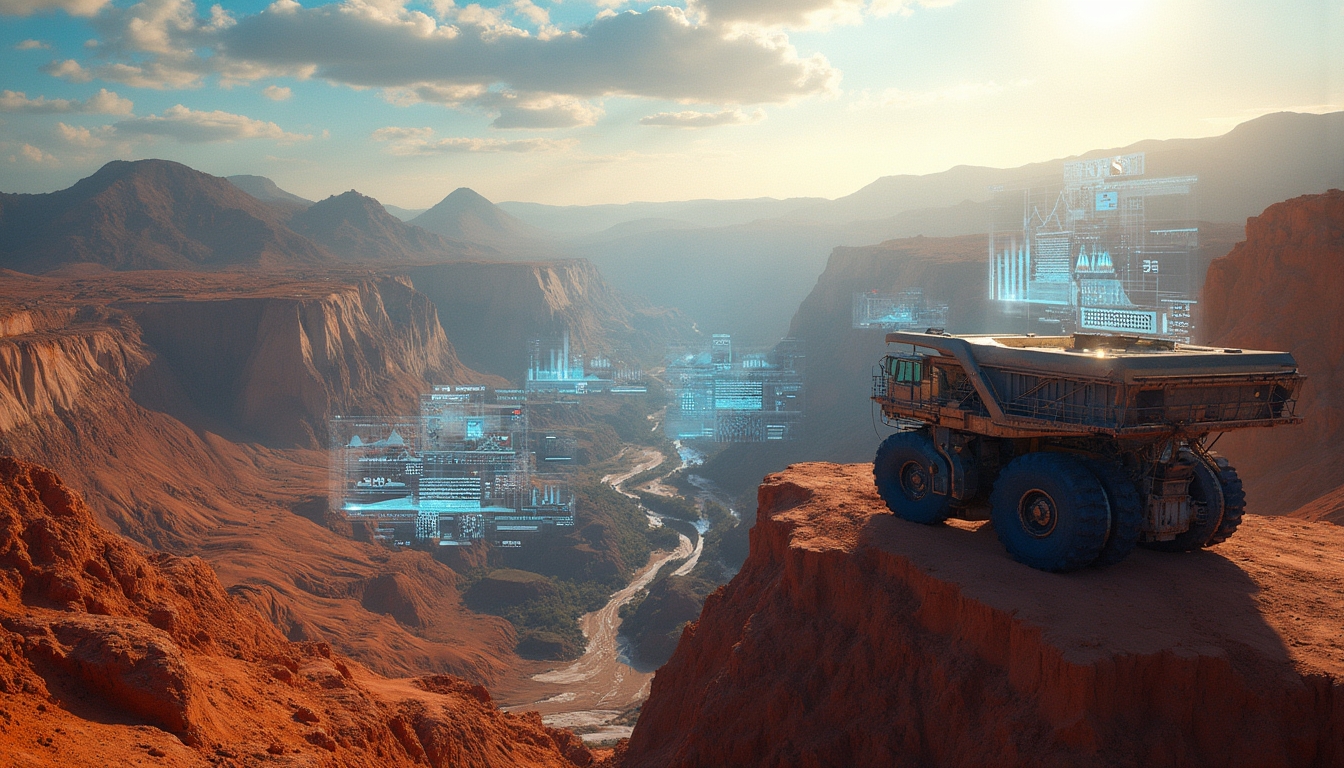 Mining truck overlooking canyon landscape, future.