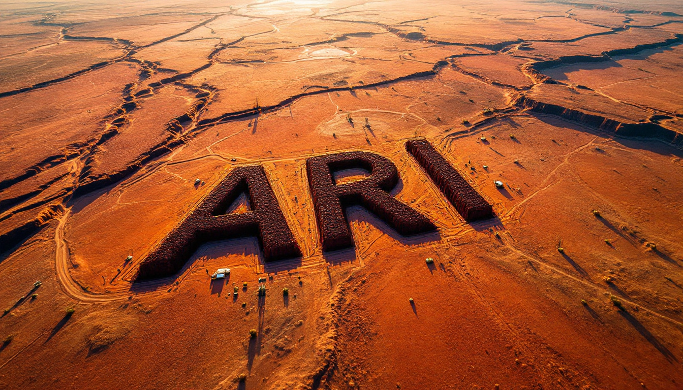 Arika Resources Ltd-ARI-Aerial view of desert landscape with "ARI" carved into the ground.