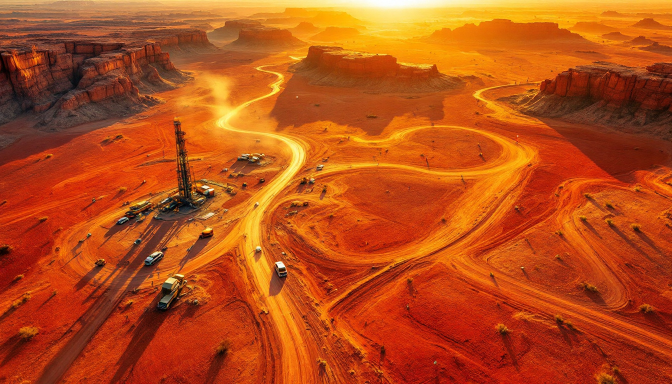 NEX Metals Exploration Ltd-NME-Sunset over a desert landscape with rugged canyons and a tall oil drilling rig casting long shadows.