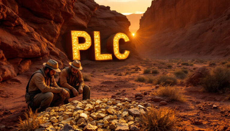 PREMIER1 Lithium Ltd-PLC-Prospectors discovering gold under PLC sign.