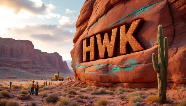 Hawk Resources Ltd-HWK-HWK letters carved into desert cliff.