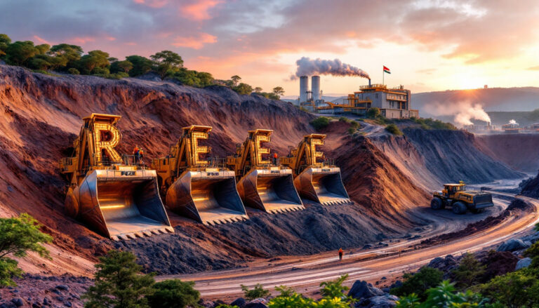 RAREX Ltd-REE-Industrial mining scene with bulldozers at sunset.