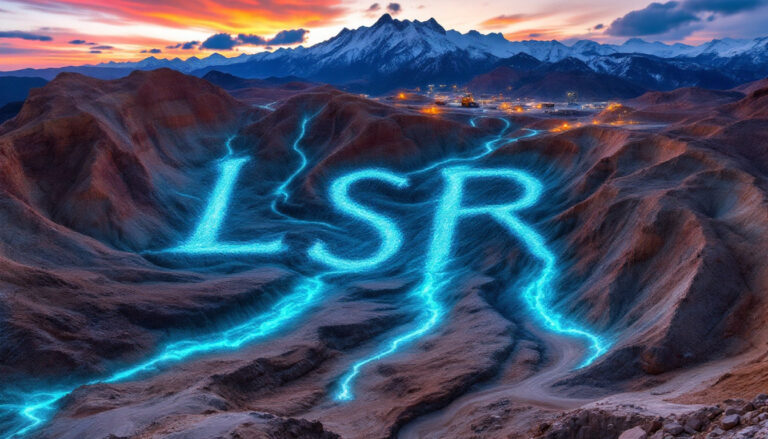 Lodestar Minerals Ltd-LSR-LSR letters glowing in mountain valley.