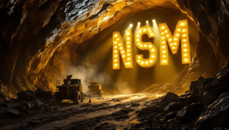 North Stawell Minerals Ltd-NSM-Illuminated NSM letters in cave scene.