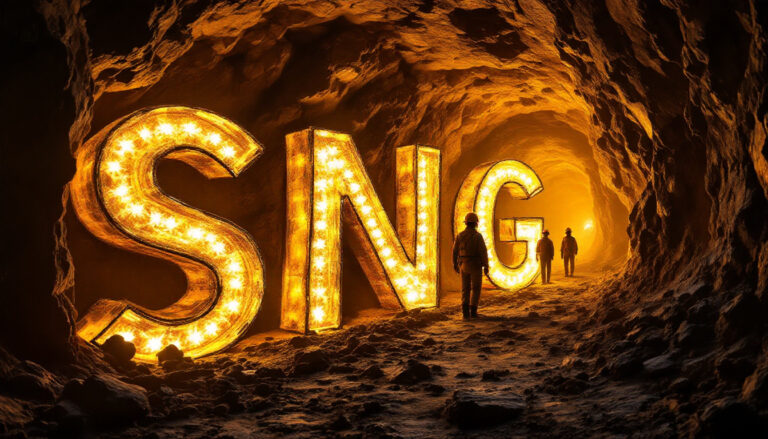 Siren Gold Ltd-SNG-Glowing SNG letters in underground tunnel.