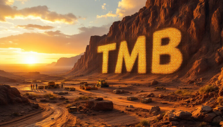 Tambourah Metals Ltd-TMB-TMB letters illuminated on desert cliff.