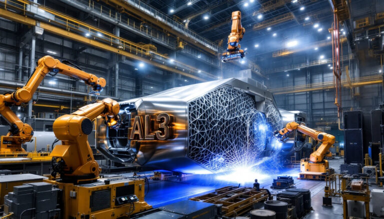 AML3D Ltd-AL3-Futuristic factory with robotic arms operating.