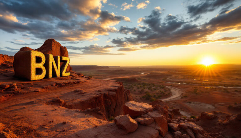 Benzmining Chess Depositary Interests 1:1-BNZ-BNZ letters on desert cliff, sunset.