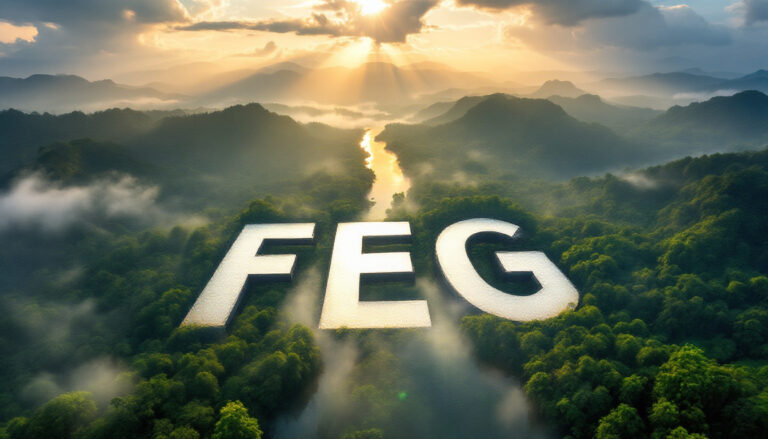 Far East Gold Ltd-FEG-"FEG text over forest landscape at sunrise."
