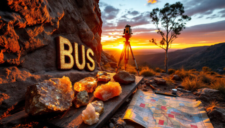 Bubalus Resources Ltd-BUS-BUS sign with rocks at sunset.