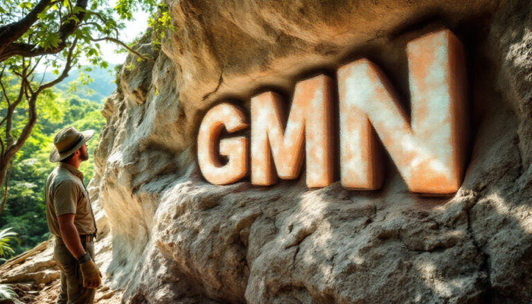 Gold Mountain Ltd-GMN-Explorer gazing at GMN rock carving.