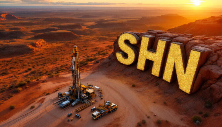 Sunshine Metals Ltd-SHN-SHN letters, desert oil drilling site.