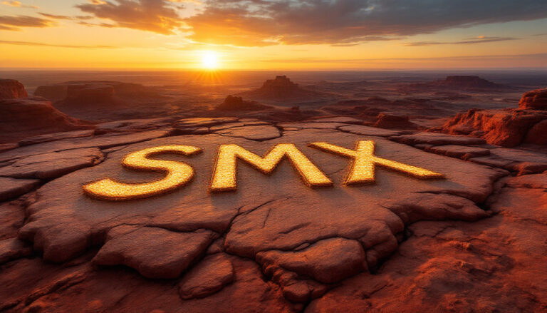 Strata Minerals Ltd-SMX-SMX letters on rocky desert landscape.