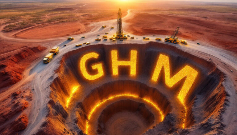 Golden Horse Mineral Chess Depositary Interests 1:1-GHM-GHM letters in illuminated mining site.