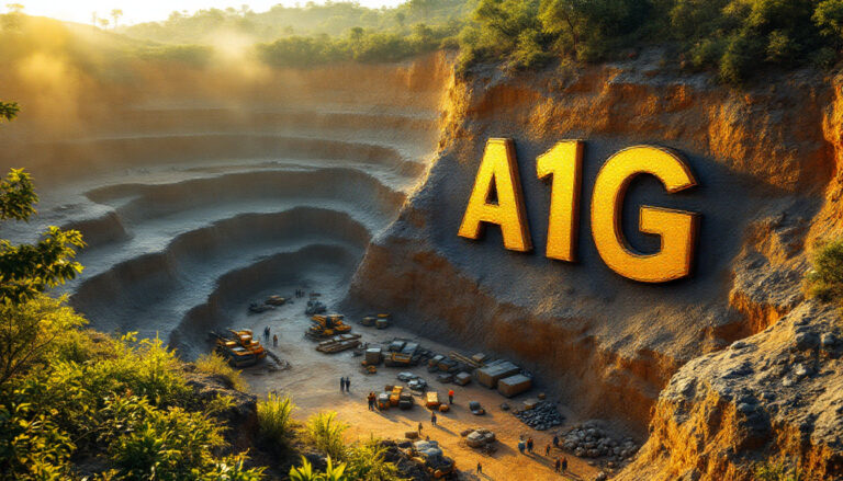 African Gold Ltd-A1G-A1G: Gigantic letters overlooking mining site.