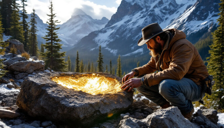 Aumega Metals Ltd-AAM-Mystery explorer examines glowing mountain stone.