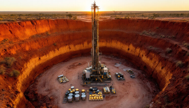 Javelin Minerals Ltd-JAV-Drilling rig in large red quarry.