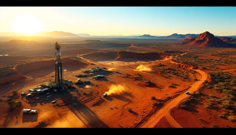 Far Northern Resources Ltd-FNR-Desert oil drilling operation at sunset.