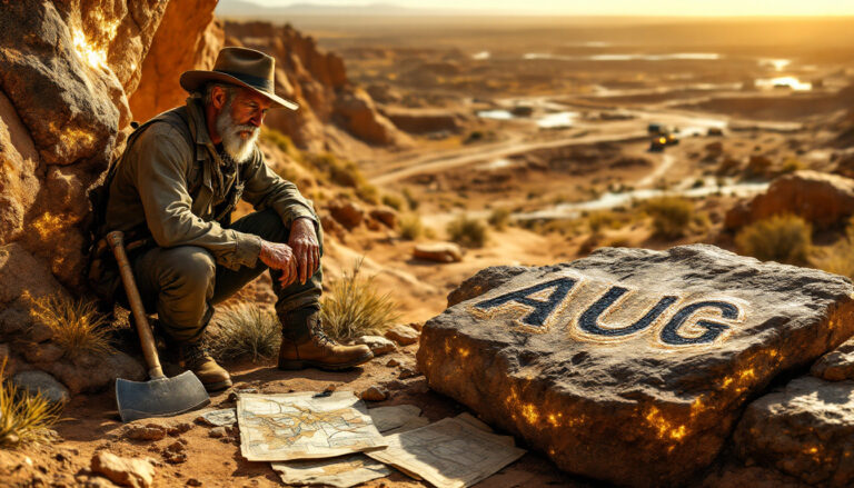 Augustus Minerals Ltd-AUG-Prospector with maps beside "AUG" stone.