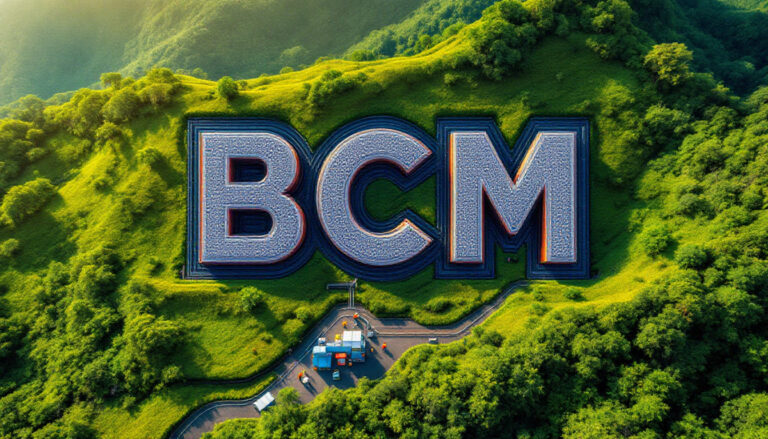 Brazilian Critical Minerals Ltd-BCM-BCM letters on lush green hillside.
