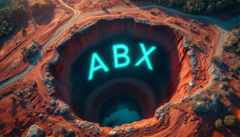 ABX Group Ltd-ABX-ABX glowing above large, deep crater.