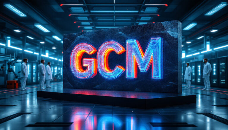 Green Critical Minerals Ltd-GCM-GCM neon sign in futuristic laboratory.