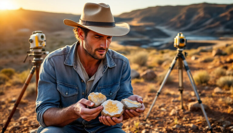Thunderbird Resources Ltd-THB-Geologist examining rocks in the desert.
