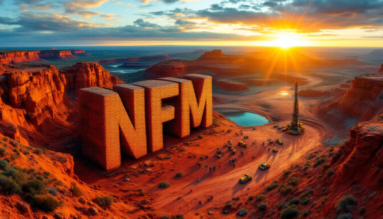 New Frontier Minerals Ltd-NFM-NFM letters in stunning desert sunset.