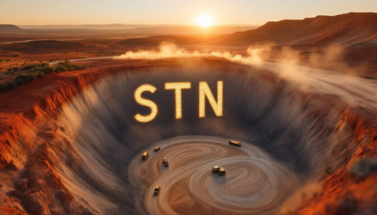 Saturn Metals Ltd-STN-STN logo over scenic desert excavation.