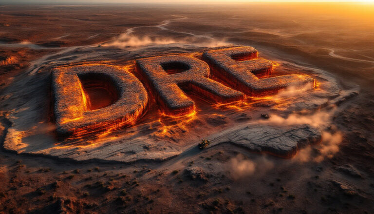 Dreadnought Resources Ltd-DRE-Desert landscape with giant fiery letters.
