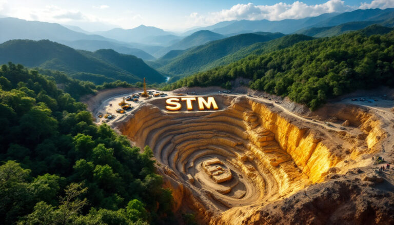 Sunstone Metals Ltd-STM-STM logo on open-pit mine landscape.