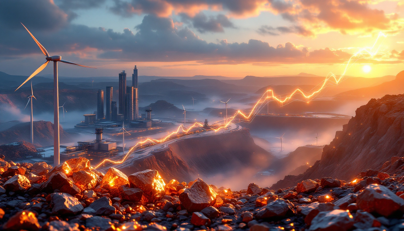 Wind turbines and futuristic cityscape at sunset.