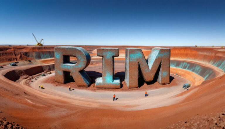 Rimfire Pacific Mining Ltd-RIM-RIM letters as colossal mining sculptures.