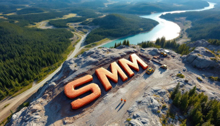 Somerset Minerals Ltd-SMM-SMM logo carved on rocky hilltop.