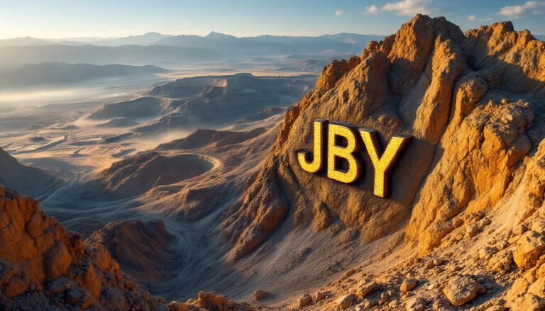James Bay Minerals Ltd-JBY-JBY letters on rocky desert landscape.