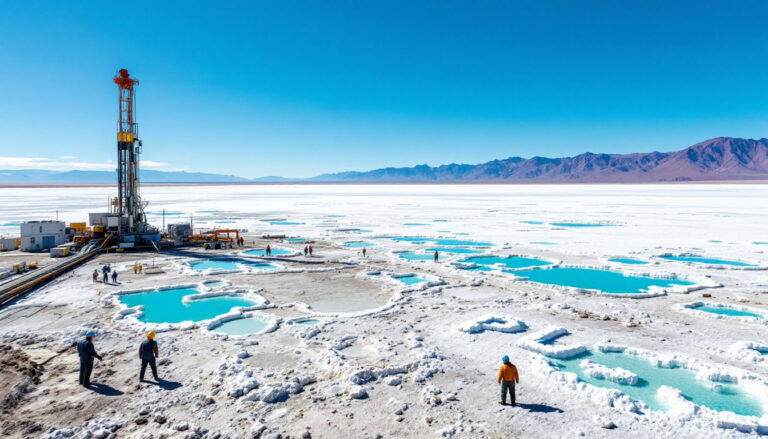 Patagonia Lithium Ltd-PL3-Lithium extraction site with workers present.