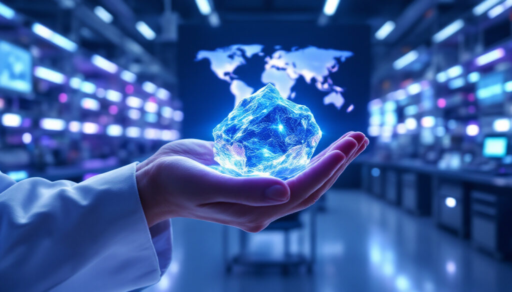 Hand holding glowing gallium in laboratory.