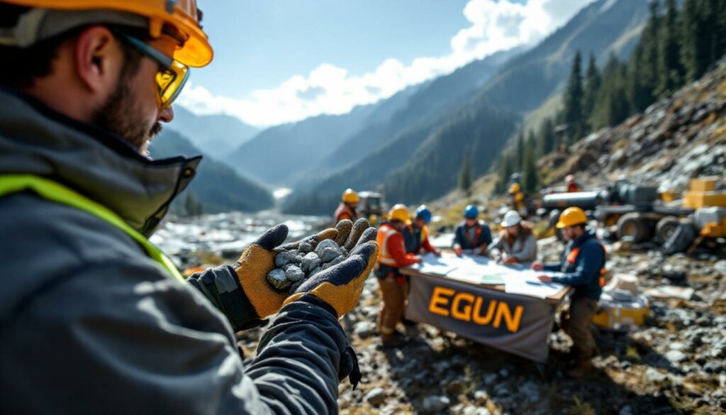 Equinox Resources Ltd-EQN-Construction workers examining rocks in mountains.