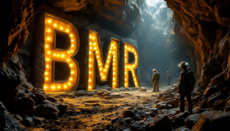 Ballymore Resources Ltd-BMR-Glowing "BMR" letters in a cave.