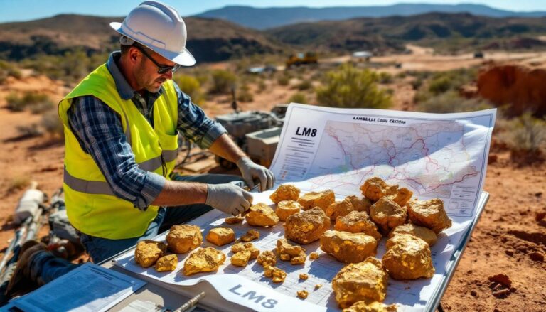 Lunnon Metals Ltd-LM8-Geologist examining gold nuggets in desert.