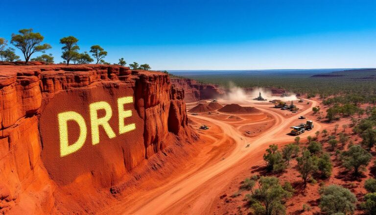 Dreadnought Resources Ltd-DRE-Red desert quarry with construction activity.
