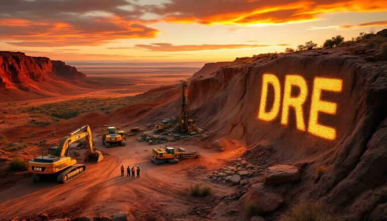 Dreadnought Resources Ltd-DRE-Desert sunset with DRE excavators working.
