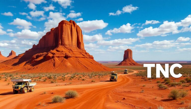 True North Copper Ltd-TNC-TNC trucks on desert road landscape.