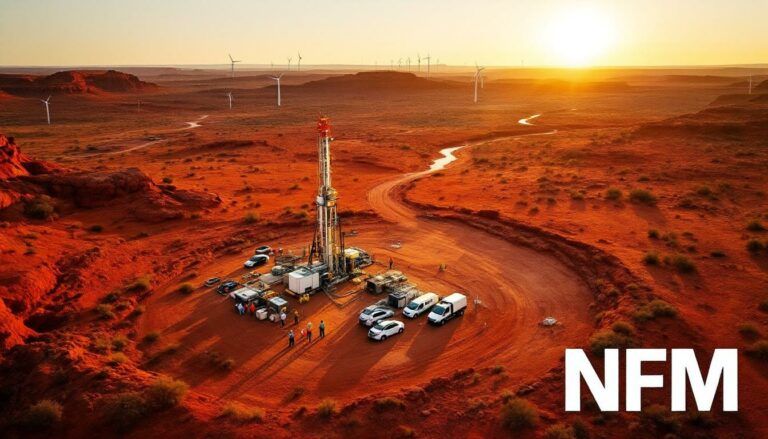New Frontier Minerals Ltd-NFM-Sunset drilling site with wind turbines.