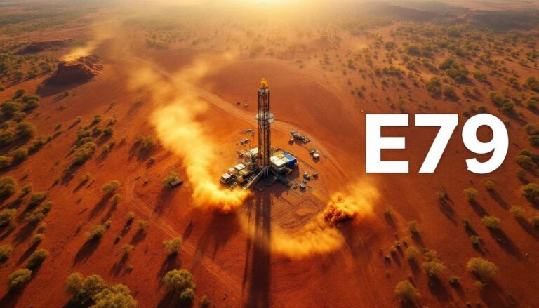 E79 Gold Mines Ltd-E79-E79 drilling rig in desert landscape.
