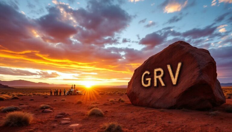 Greenvale Energy Ltd-GRV-GRV logo on rock during sunset.
