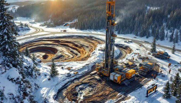 Pivotal Metals Ltd-PVT-Drilling site amid snowy mountainous landscape.